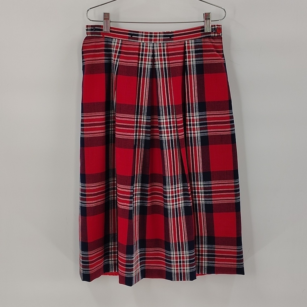 Pendleton Vintage Classic Plaid Skirt Red Blue Button Waist Size 8 Tartan